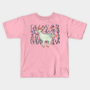 Funny goat among the flowers Kids T-Shirt